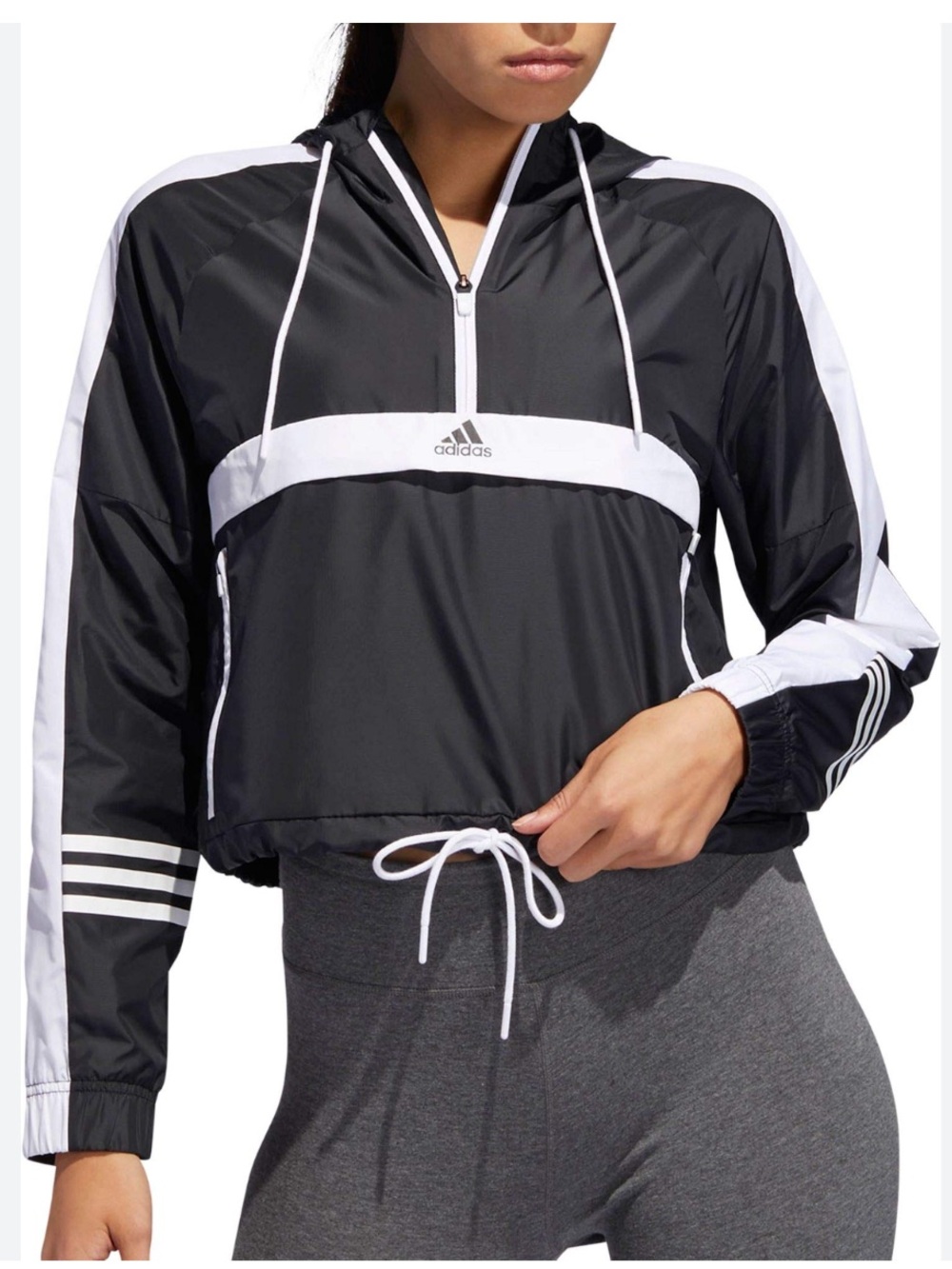 Adidas Women's ID Half-Zip Cropped Wind Jacket Black White Hoodie Large L